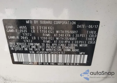 2017 Subaru Outback 2.5I Premium from USA, damaged, VIN 4S4BSAFC3H3424157